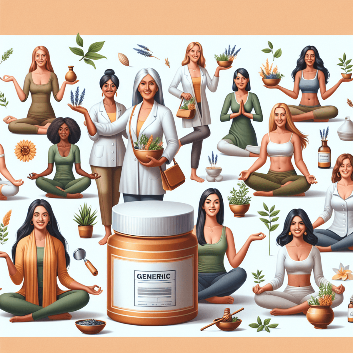DAD Ayurveda Leuco Care Powder 2 A vibrant scene featuring a diverse group of cheerful women of Caucasian, Asian, and Hispanic descent, each engaged in activities that promote a healthy lifestyle. One woman is practicing yoga with a serene expression, another is preparing herbal tea with fresh herbs nearby, while a third is enjoying a colorful, nutritious salad. Surrounding them are symbols of Ayurveda such as plants and traditional Ayurvedic tools like mortar and pestle. In the foreground, an unmarked generic container sits prominently, suggesting a product aimed at enhancing women's health. The entire composition is rendered in a realistic style, capturing the essence of wellness and connection among the women.