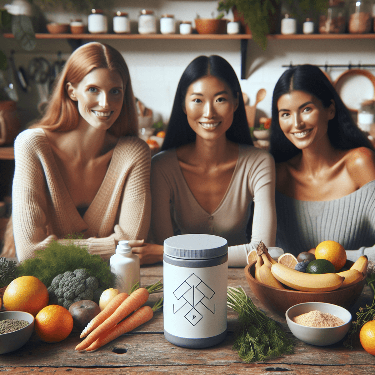 DAD Ayurveda Leuco Care Powder 3 A small group of three women, one Caucasian, one Asian, and one Hispanic, are smiling and enjoying a healthy meal together in a warmly lit kitchen. They are seated around a rustic wooden table adorned with fresh herbs and colorful fruits promoting digestive and skin health. In the center of the table is a container of holistic wellness powder, decorated with simple shapes and symbols that are not legible. The atmosphere is homely and inviting, filled with warmth and camaraderie.