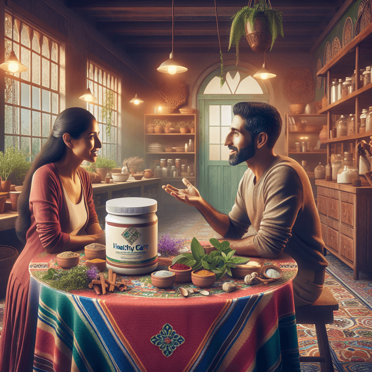 DAD Ayurveda Leuco Care Powder 4 A Hispanic woman and a Middle-Eastern man animatedly discussing well-being in a warmly lit kitchen, surrounded by a table filled with a generic container of healthy care powder, fresh herbs, and spices, all symbolizing natural health and Ayurveda.
