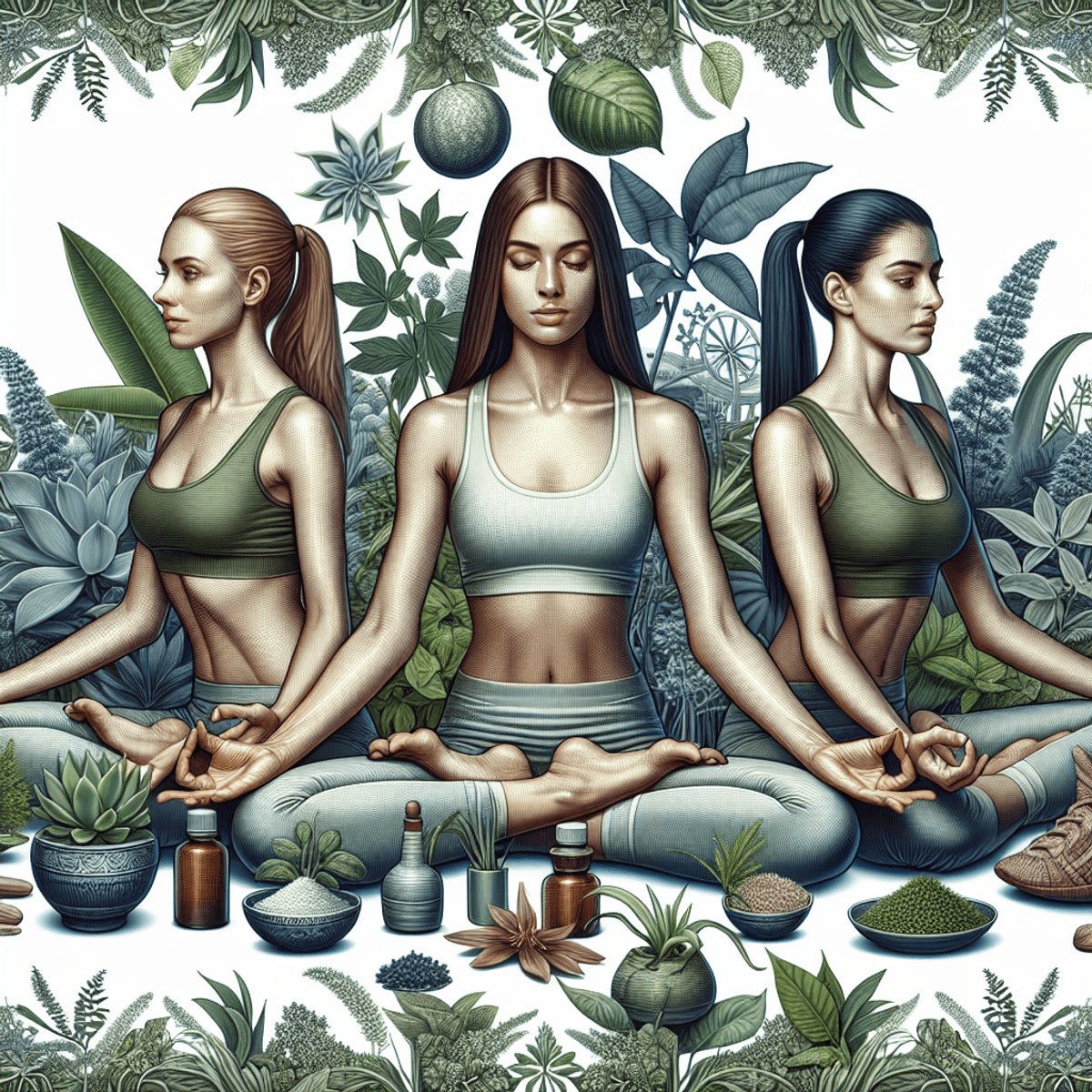 DAD Ayurveda Leuco Care Powder 5 Three women, one Caucasian and two Hispanic, practicing yoga in a serene natural setting surrounded by lush greenery and vibrant plants. They are in different poses that reflect tranquility and focus, embodying peace and positivity. The atmosphere is calm, with sunlight filtering through the leaves, enhancing the organic elements of their wellness activity.