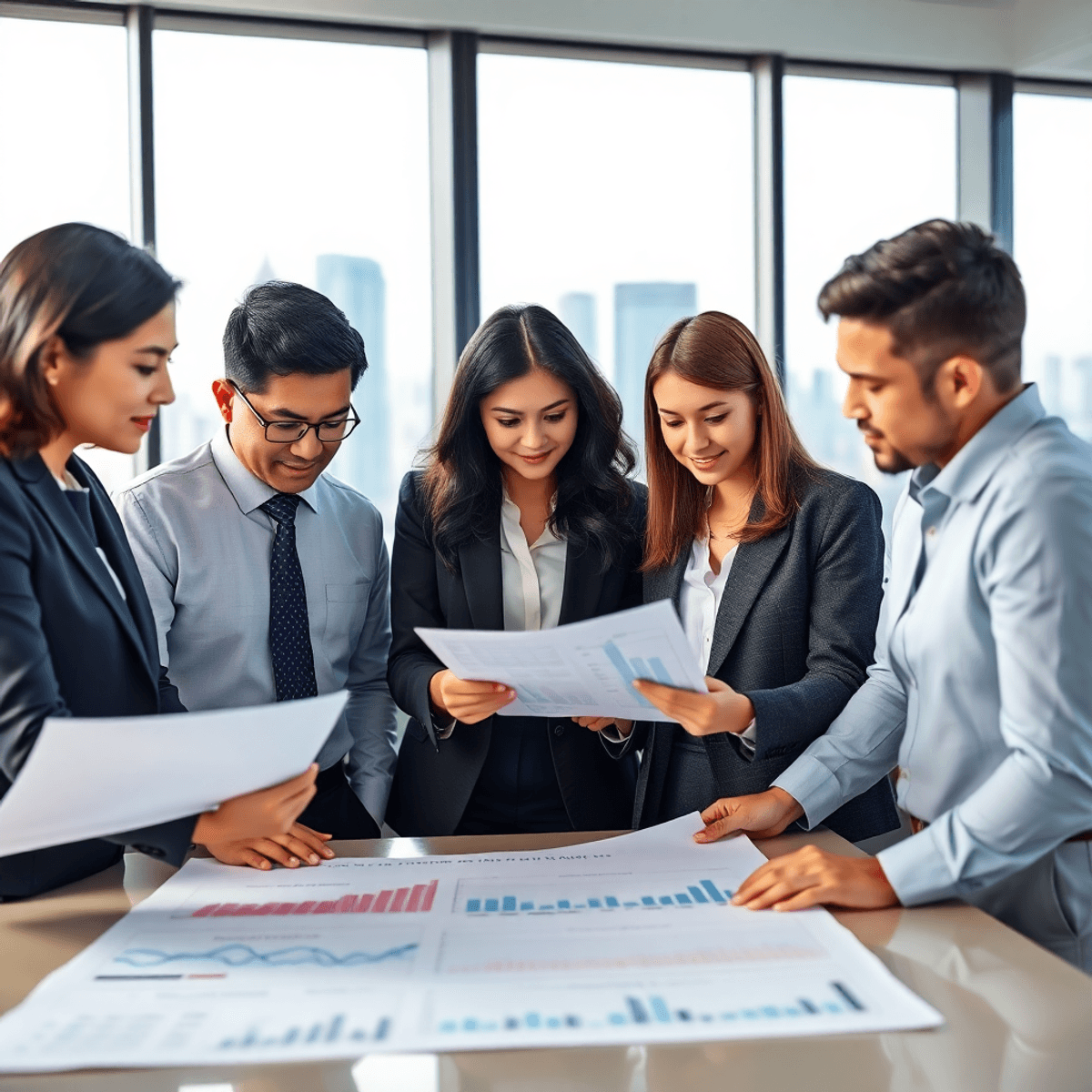 A diverse group of finance professionals engaged in a discussion around charts in a modern office with city skyline views, symbolizing success in investment management.