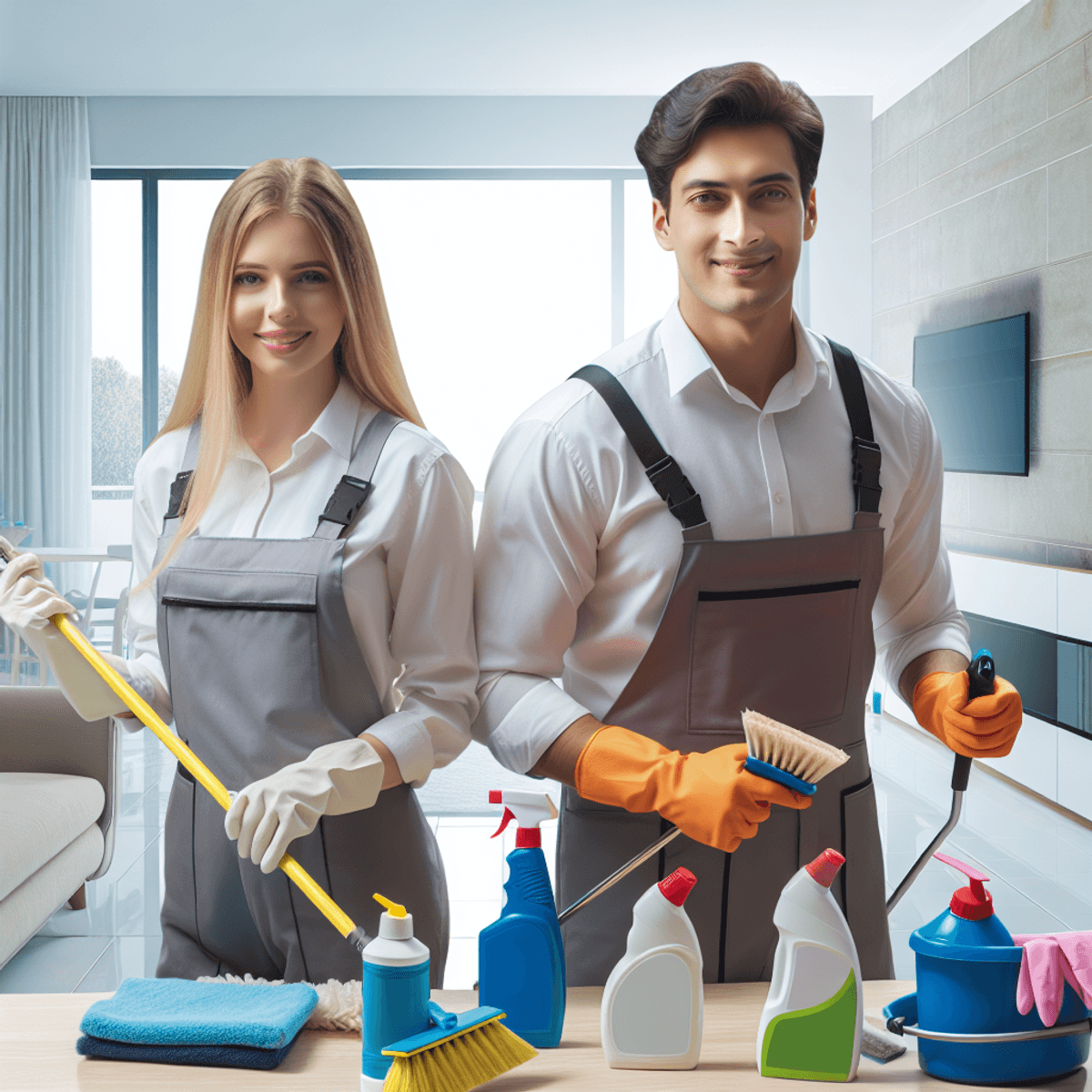 A Caucasian woman and an Asian man, both dressed in professional cleaning uniforms, are working together in a bright and tidy contemporary house. They are using various cleaning tools and supplies, showcasing teamwork and diligence. The interior design reflects local Adelaide architecture with large windows allowing natural light to flood the space, highlighting the cleanliness and organization of the home.