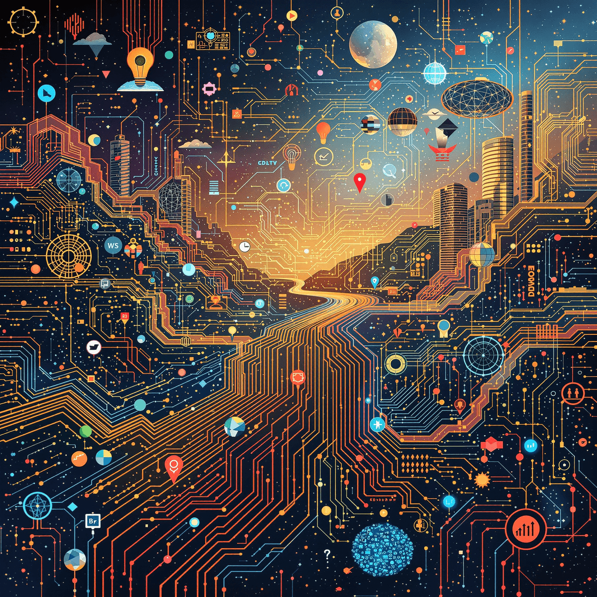 Lanskap digital yang hidup dengan aliran data abstrak dan algoritma, menampilkan pola sirkuit dan grafik, melambangkan inovasi dan transformasi dalam teknologi.