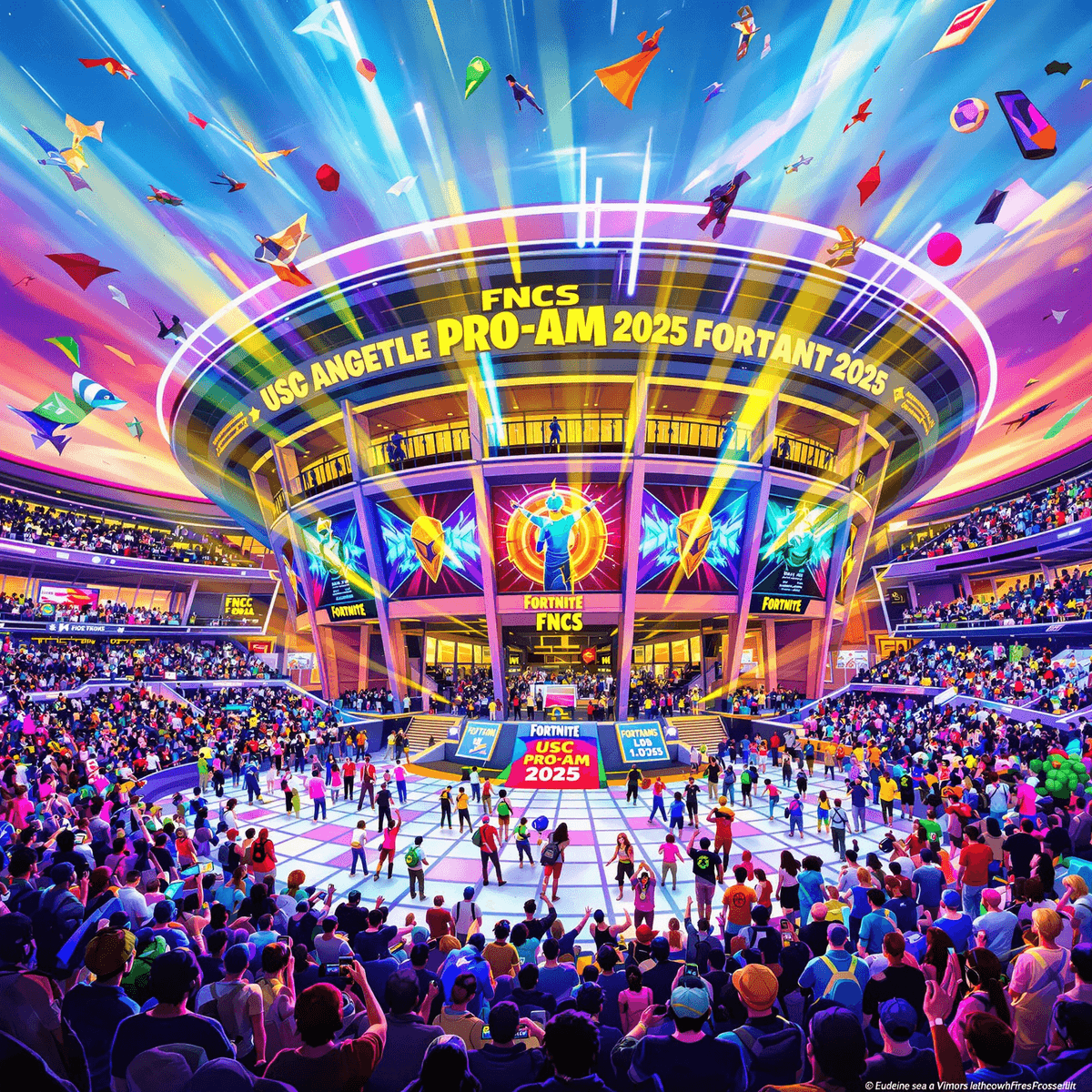 A dynamic illustration of the FNCS Pro-Am 2025 at USC Galen Center, filled with excited fans, Fortnite characters, and vibrant graphics showcasing teamwork and competition.