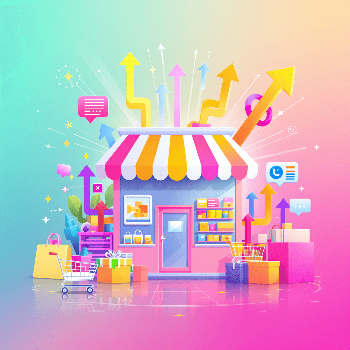 From Setup to Sales: How Our Walmart Marketing Strategy Helps Brands Grow Fast 2 Digital storefront with shopping icons, upward arrows, and growth symbols on a bright background, representing fast online retail success.