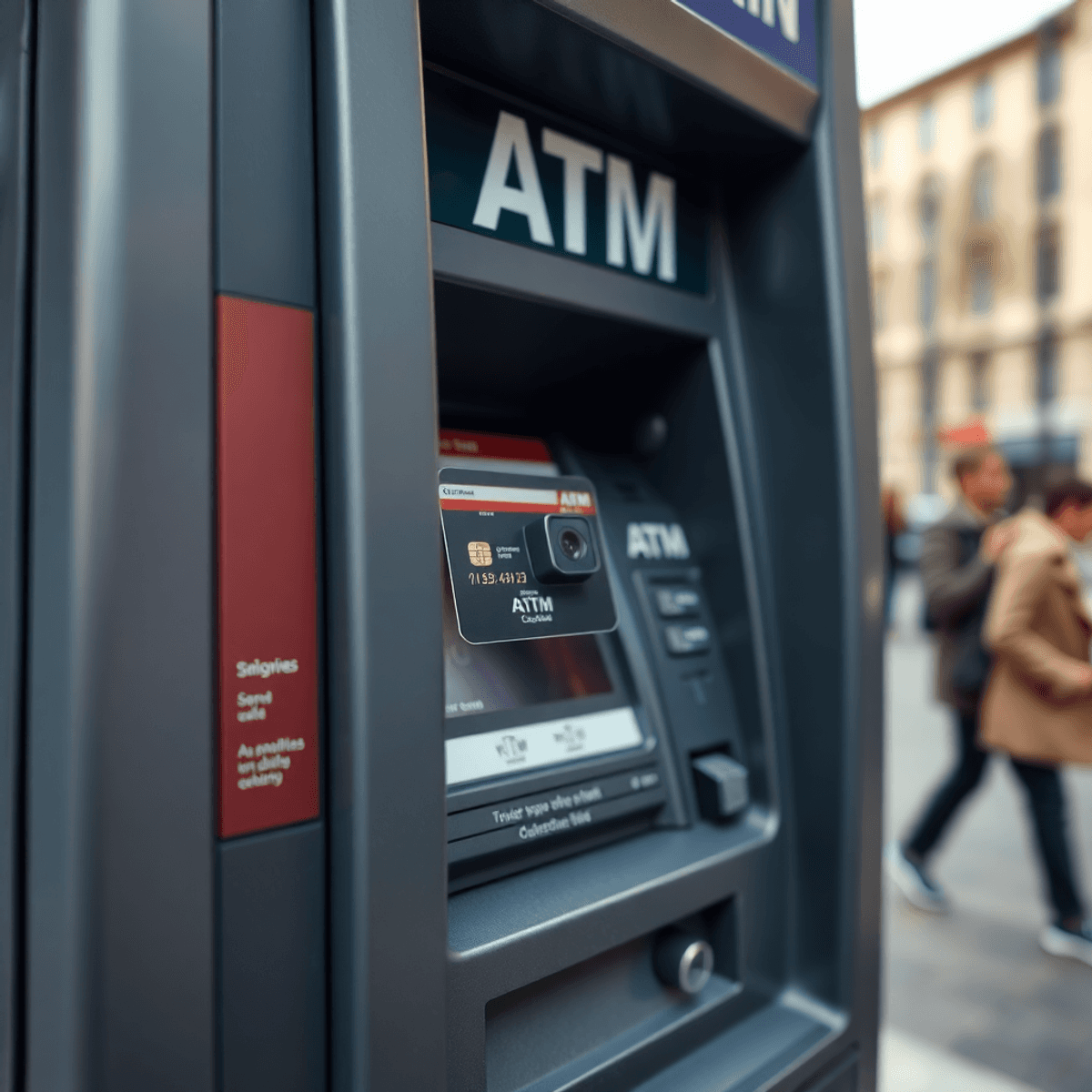 Deep Insert Skimmer for sale: The Ultimate Buyer's Guide 2 Close-up of an ATM machine showing a skimming device on the card slot and a small camera, set against a blurred urban background, highlighting security concerns.
