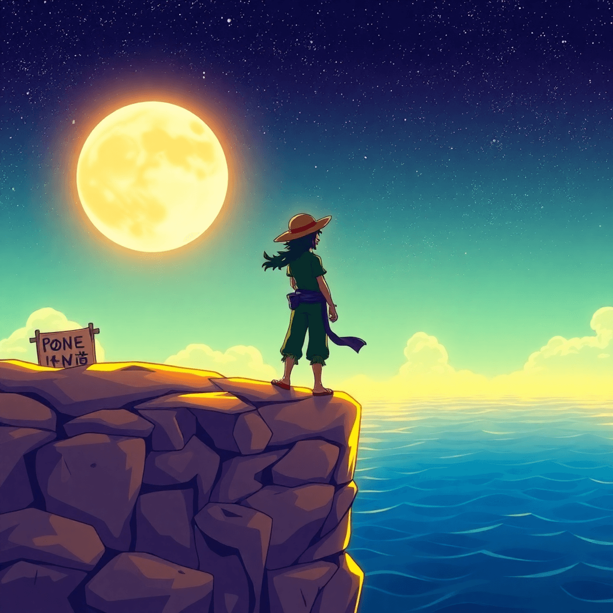 A mysterious pirate figure in a straw hat stands on a cliff, silhouetted by moonlight, overlooking the ocean. Ancient Poneglyphs are carved into the rocks behind.