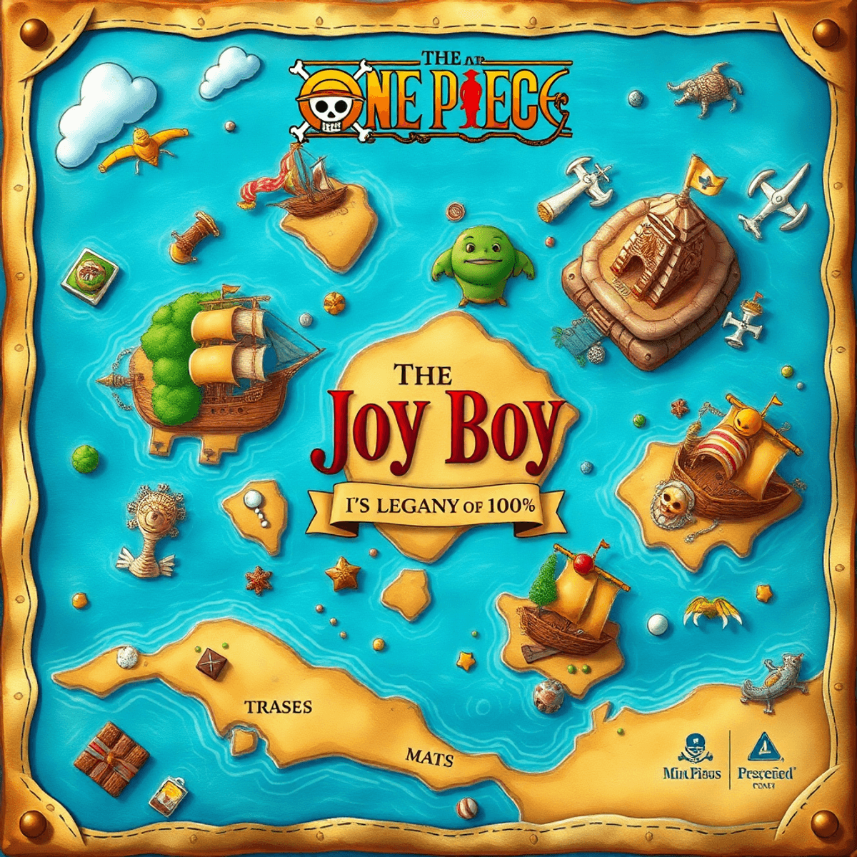 A detailed treasure map featuring ships, islands, and mythical creatures, capturing the essence of adventure and legacy in a realistic illustration style.