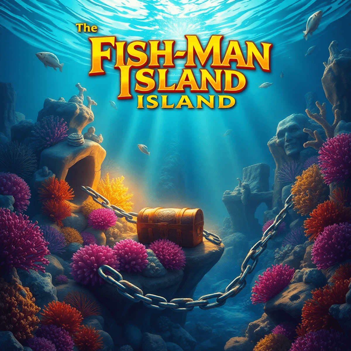 A vibrant underwater scene of Fish-Man Island featuring colorful coral reefs, ancient artifacts, a glowing treasure chest, and broken chains, all bathed in soft light.