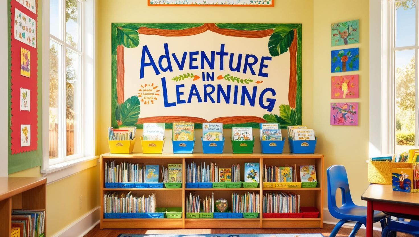 Kindergarten 'Adventure in Learning' Reading Corner Sign Designed with Canva: A Fun and Engaging Classroom Decor Idea