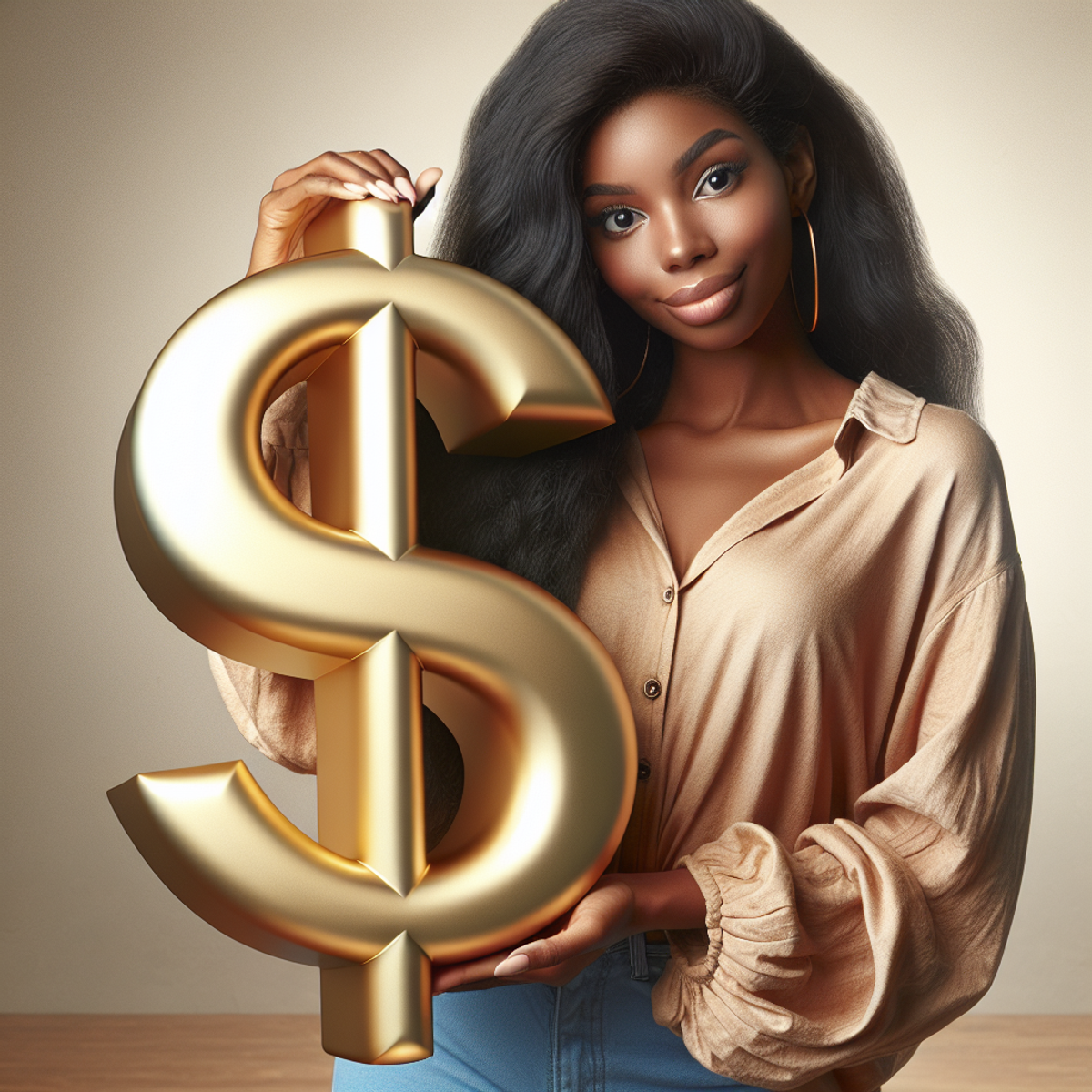 African American female holding oversized gold dollar symbol alt text