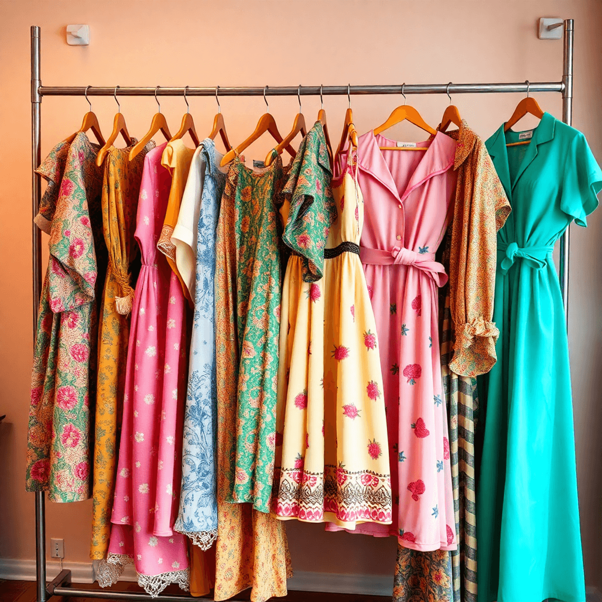 A colorful assortment of women's vintage clothing from various decades displayed on a stylish rack, set against a nostalgic pastel background.
