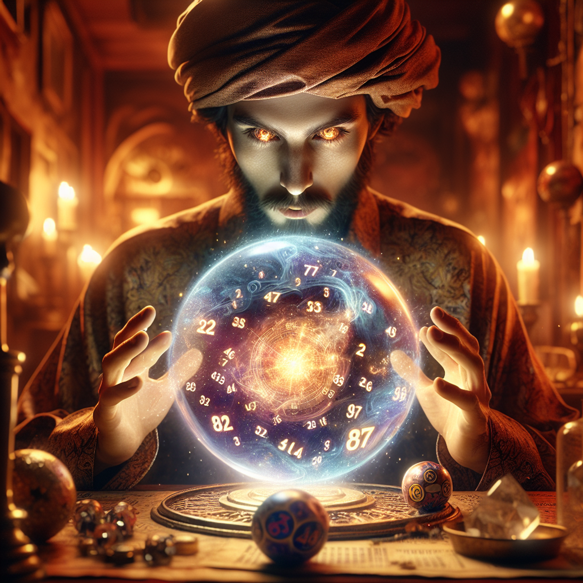 A non-binary fortune teller holds a glowing crystal ball with swirling lottery numbers and symbols.