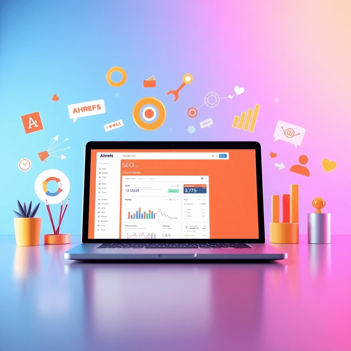 A modern digital workspace with a laptop showing the Ahrefs dashboard, surrounded by SEO symbols like keywords and graphs, set against a bright, engaging background.