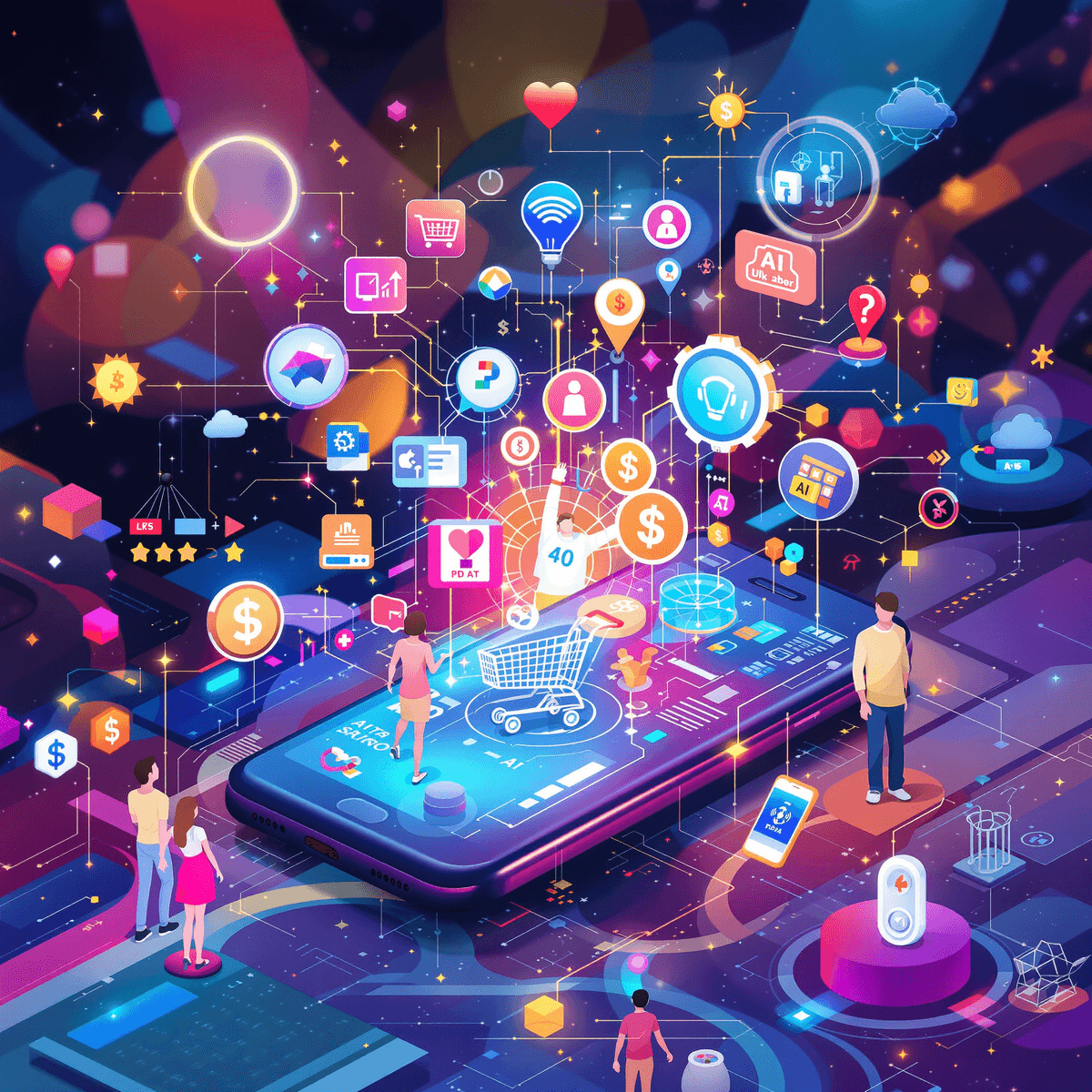 Sebuah smartphone menampilkan ikon bisnis online seperti keranjang belanja dan tanda dolar, yang ditempatkan di latar belakang lanskap bertema teknologi abstrak yang mewakili inovasi pada tahun 2025.