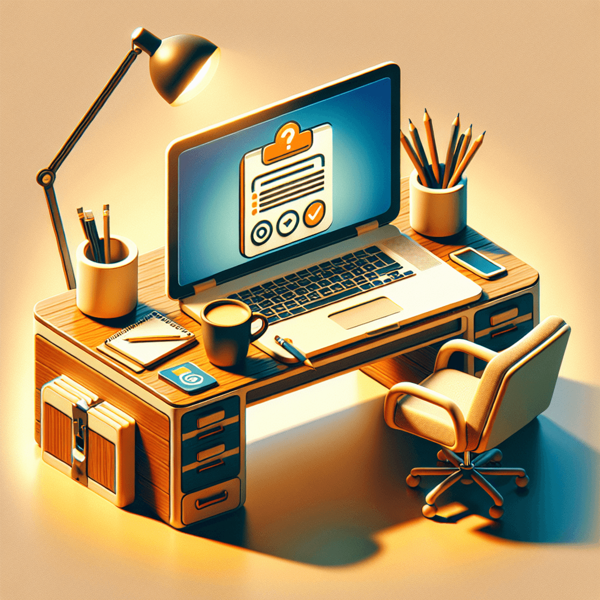 A digital illustration of a cozy home office setup featuring a wooden desk with an open laptop displaying a questionnaire icon. Next to the laptop, there is a filled coffee cup and a notepad with a pencil. A comfortable office chair is positioned nearby. The background is filled with warm, bright colors that create an inviting atmosphere, symbolizing comfort and the ease of working from home.